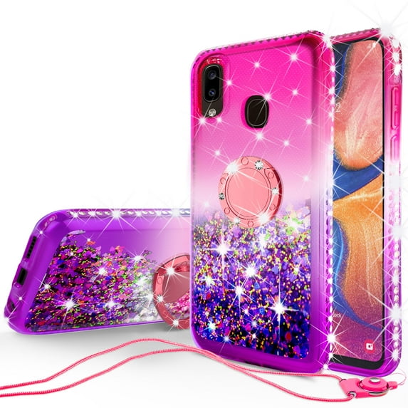 SOGA Cover Compatible for Samsung Galaxy A20 Case, Galaxy A30 Case, Galaxy A50 Case, Liquid Floating Quicksand Case with Diamond Ring Stand for Magnetic Car Mount - Purple on Pink
