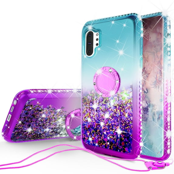 SOGA Cover Compatible for Samsung Galaxy Note 10 Case, Liquid Floating Quicksand Case with Diamond Ring Stand for Magnetic Car Mount - Purple on Aqua