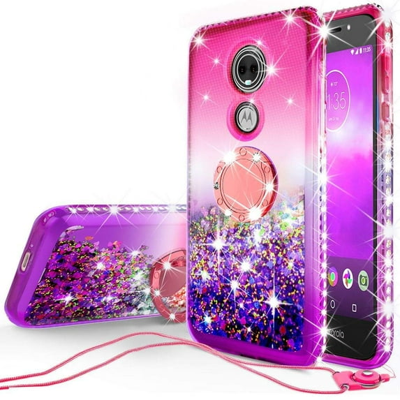 SOGA Diamond Glitter Bling Liquid Floating Quicksand Cute Girl Phone Case Compatible for Moto E5 Plus Case, Moto E5 Supra Case, with Metal Ring for Magnetic Car Mounts Include Lanyard Purple on Pink