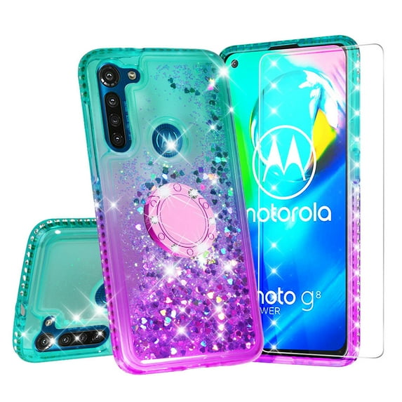 SOGA Phone Cover Compatible for Moto G8 Power Case Liquid Floating Quicksand Case with Diamond Ring Stand for Magnetic Car Mount and Lanyard - Purple on Teal