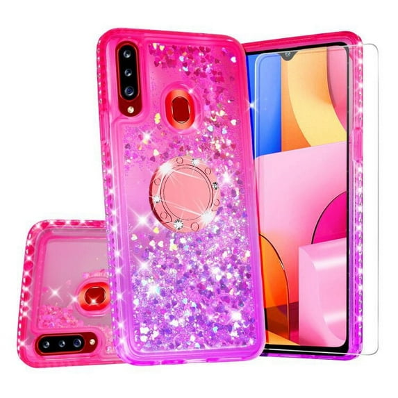 SOGA Phone Cover Compatible for Samsung Galaxy A20S Liquid Floating Quicksand Case with Diamond Ring Stand for Magnetic Car Mount and Lanyard - Purple on Pink