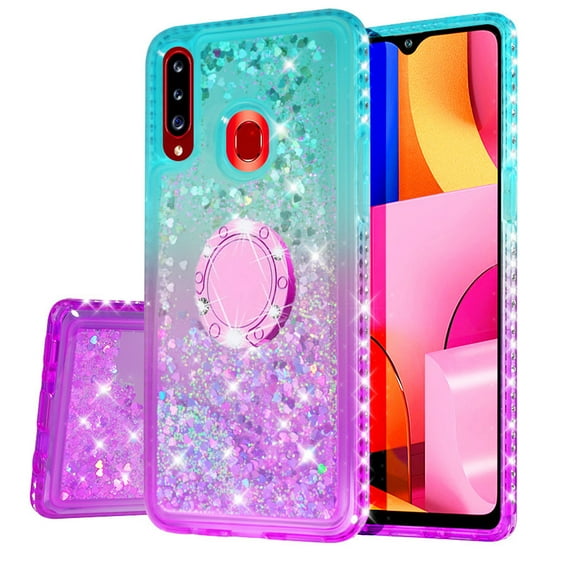 SOGA Phone Cover Compatible for Samsung Galaxy A20S Liquid Floating Quicksand Case with Diamond Ring Stand for Magnetic Car Mount and Lanyard - Purple on Teal