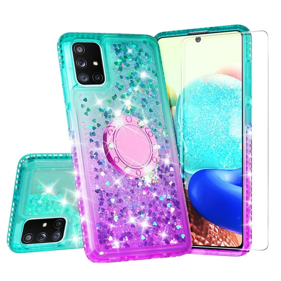 SOGA Phone Cover Compatible for Samsung Galaxy A71 Liquid Floating Quicksand Case with Diamond Ring Stand for Magnetic Car Mount and Lanyard - Purple on Teal