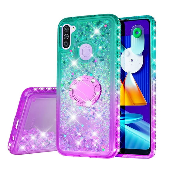 SOGA Phone Cover Compatible for Samsung Galaxy M11 Liquid Floating Quicksand Case with Diamond Ring Stand for Magnetic Car Mount and Lanyard - Purple on Teal