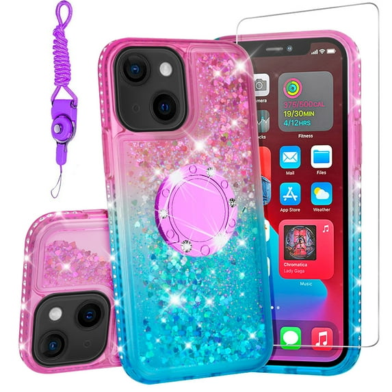 SOGA Quicksand Cover Cute Girl Phone Case Compatible for Apple iPhone 13 Case, with Ring for Magnetic Car Mounts, Lanyard, Tempered Glass - Pink / Teal