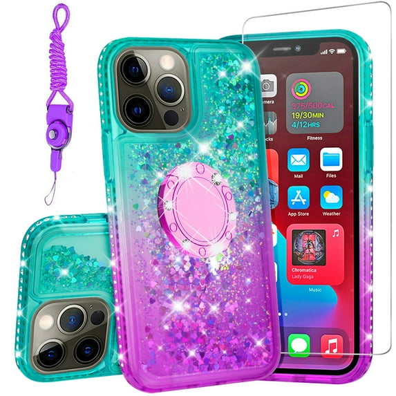 SOGA Quicksand Cover Cute Girl Phone Case Compatible for Apple iPhone 13 Pro 6.1 Case, with Ring for Magnetic Car Mounts, Lanyard, Tempered Glass - Purple / Teal