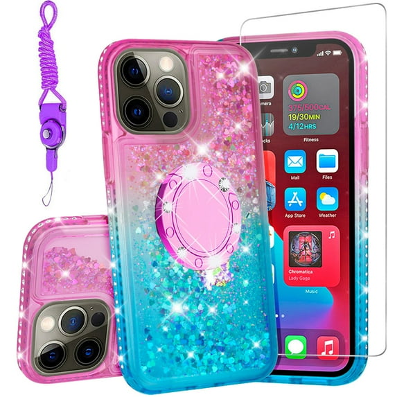 SOGA Quicksand Cover Cute Girl Phone Case Compatible for Apple iPhone 13 Pro Max Case, with Ring for Magnetic Car Mounts, Lanyard, Tempered Glass - Pink / Teal