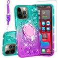 thumbnail image 1 of SOGA Quicksand Cover Cute Girl Phone Case Compatible for Apple iPhone 13 Pro Max Case, with Ring for Magnetic Car Mounts, Lanyard, Tempered Glass - Purple / Teal, 1 of 5