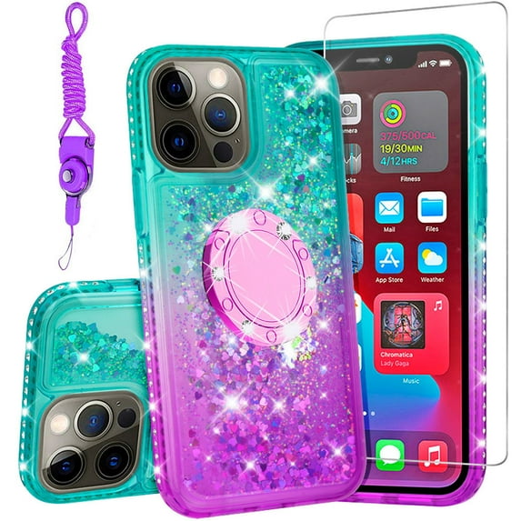 SOGA Quicksand Cover Cute Girl Phone Case Compatible for Apple iPhone 13 Pro Max Case, with Ring for Magnetic Car Mounts, Lanyard, Tempered Glass - Purple / Teal