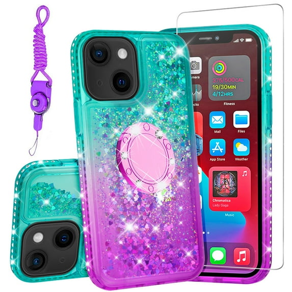 SOGA Quicksand Cover Cute Girl Phone Case Compatible for Apple iPhone 13 mini Case, with Ring for Magnetic Car Mounts, Lanyard, Tempered Glass - Purple / Teal
