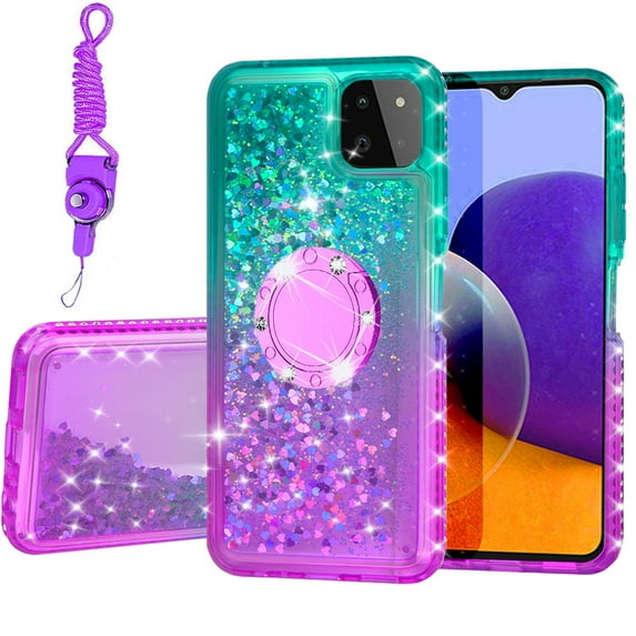 SOGA Quicksand Cover Cute Girl Phone Case Compatible for Boost Celero 5G / Samsung Galaxy A22 5G Case, with Ring for Magnetic Car Mounts, Lanyard, Tempered Glass - Purple / Teal