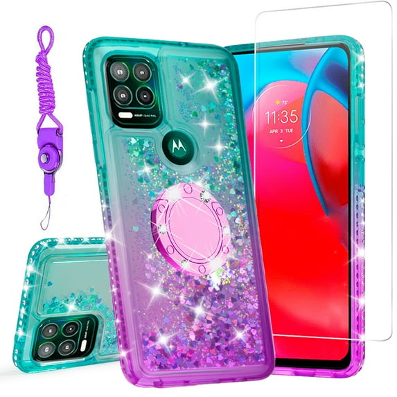SOGA Quicksand Cover Cute Girl Phone Case Compatible for Moto G Stylus 5G Case, with Ring for Magnetic Car Mounts, Lanyard, Tempered Glass - Purple / Teal