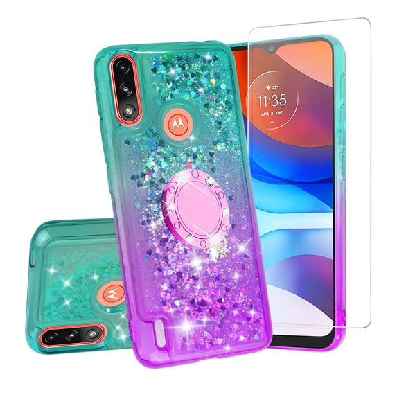SOGA Quicksand Cover Cute Girl Phone Case Compatible for Motorola Moto E7 Power Case, with Ring for Magnetic Car Mounts, Lanyard, Tempered Glass - Purple / Teal