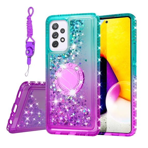 SOGA Quicksand Cover Cute Girl Phone Case Compatible for Samsung Galaxy A33 5G Case, with Diamond Ring for Magnetic Car Mounts and Lanyard - Purple / Teal