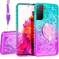 thumbnail image 1 of SOGA Quicksand Cover Cute Girl Phone Case Compatible for Samsung Galaxy S21 FE Case, with Ring for Magnetic Car Mounts, Lanyard, Tempered Glass - Purple / Teal, 1 of 5