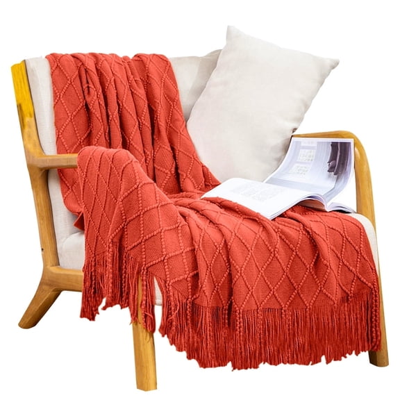 SOGA Red Diamond Knit Throw Blanket Warm Cozy Woven Fleece with Tassels for Bed & Sofa