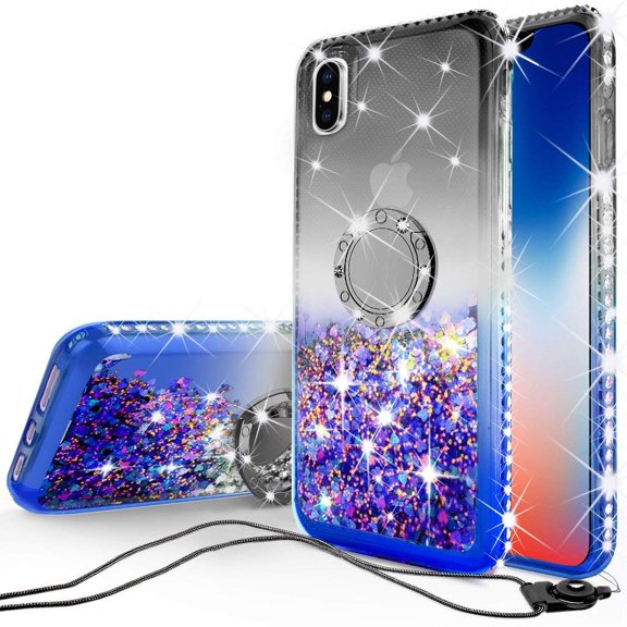 SOGA Rhinestone Liquid Float Quicksand Cover Cute Phone Case Compatible for Apple iPhone XR 6.1 inch Case with Embedded Metal Diamond Ring for Magnetic Car Mounts and Lanyard - Smoke on Blue