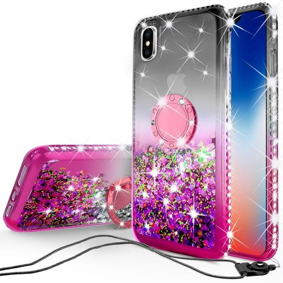 SOGA Rhinestone Liquid Float Quicksand Cover Cute Phone Case Compatible for Apple iPhone Xs Max 6.5 Case with Embedded Metal Diamond Ring for Magnetic Car Mounts and Lanyard - Smoke on Pink