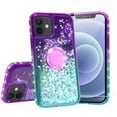 thumbnail image 1 of SOGA Rhinestone Liquid Quicksand Cover Cute Girl Phone Case Compatible for Apple iPhone 12 Case, iPhone 12 Pro Case, with Embedded Ring for Magnetic Car Mounts and Lanyard - Purple/Teal, 1 of 5