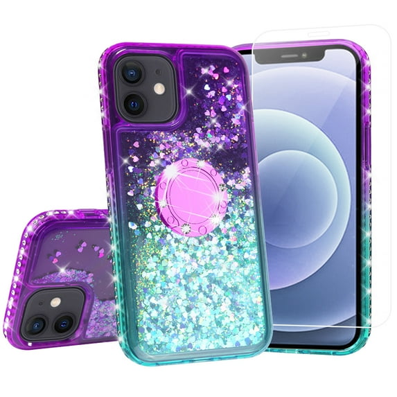 SOGA Rhinestone Liquid Quicksand Cover Cute Girl Phone Case Compatible for Apple iPhone 12 Mini Case, with Embedded Ring for Magnetic Car Mounts and Lanyard - Purple/Teal