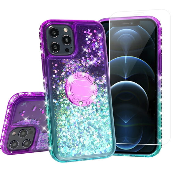 SOGA Rhinestone Liquid Quicksand Cover Cute Girl Phone Case Compatible for Apple iPhone 12 Pro Max Case, with Embedded Ring for Magnetic Car Mounts and Lanyard - Purple/Teal