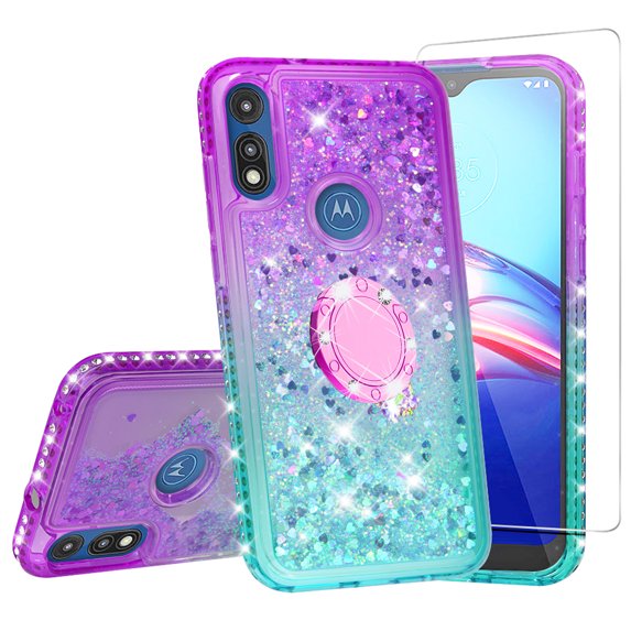 SOGA Rhinestone Liquid Quicksand Cover Cute Girl Phone Case Compatible for Motorola Moto E7 Case, with Embedded Ring for Magnetic Car Mounts and Lanyard - Purple/Teal