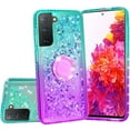 thumbnail image 1 of SOGA Rhinestone Liquid Quicksand Cover Cute Girl Phone Case Compatible for Samsung Galaxy S21+ Plus 5G Case with Embedded Ring for Magnetic Car Mounts and Lanyard - Purple/Teal, 1 of 5