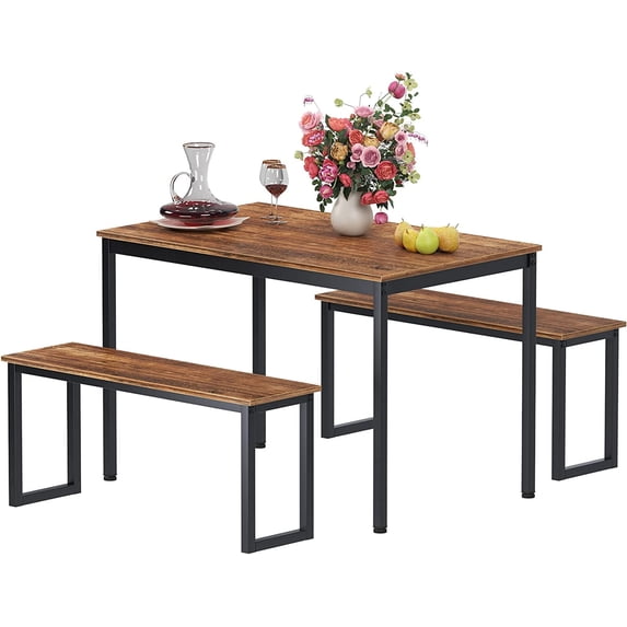 SOGES 3 Piece Dining Set 45inch Dining Table with Benches for 4, Wood Dining Table for Kitchen, Iron Frame, Brown