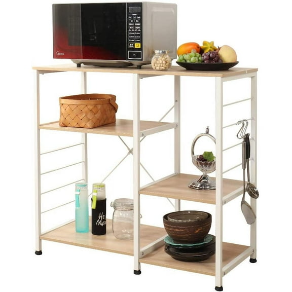 SOGES 3 Tier Metal Kitchen Standing Bakers Rack Utility Microwave Oven Workstation Shelf White Maple Finish
