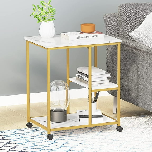 SOGES 3-Tier Storage Cart with Wheels, Mobile 3 Shelves End Table, Rolling kitchen Cart with Storage Shelves, Gold Side Table Organizer Shelf for Living Room
