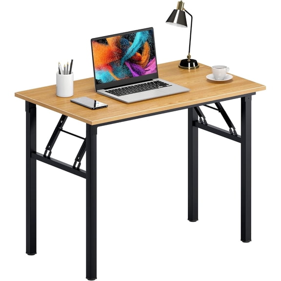 SOGES 39.4 inches Computer Desk for Small Space Small Folding Table, Teak & Black