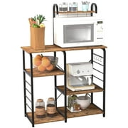 SOGES 4-Tier Kitchen Baker's Rack Utility Microwave Stand with 5 Hooks, Metal Storage Shelves, Rustic Brown