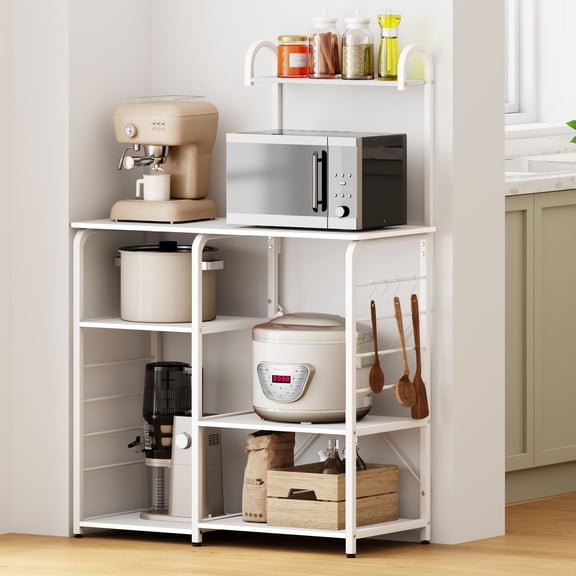 SOGES 4-Tier Kitchen Baker's Rack Utility Microwave Stand with 5 Hooks, Metal Storage Shelves, White