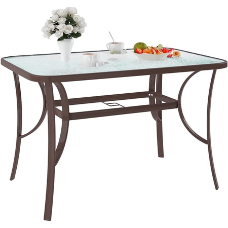 Soges 47 Inch Outdoor Tempered Glass Table Patio Table, Patio Coffee Table, Outdoor Dining Table for Garden, Balcony, Backyard, Poolside, Lawn, Bistro Table with Umbrella Hole, Brown