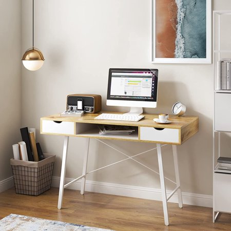 SOGES 47inch Desk with 2 Drawers Computer Desk Wood Home Office Table Metal Legs, White