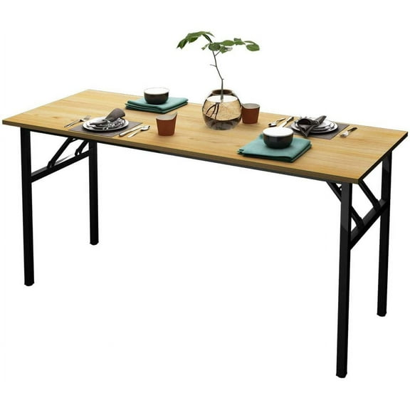 SOGES 62 inches Folding Table Computer Desk Workstation No Install Needed, Teak & Black