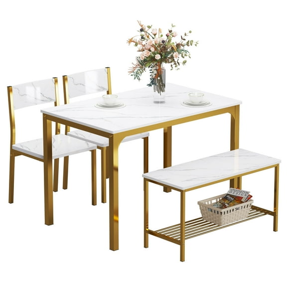 SOGES Dining Table Set of 4, Kitchen Table with 2 Chairs 1 bench, Use for Living Room Dining Room Kitchen, White & Gold