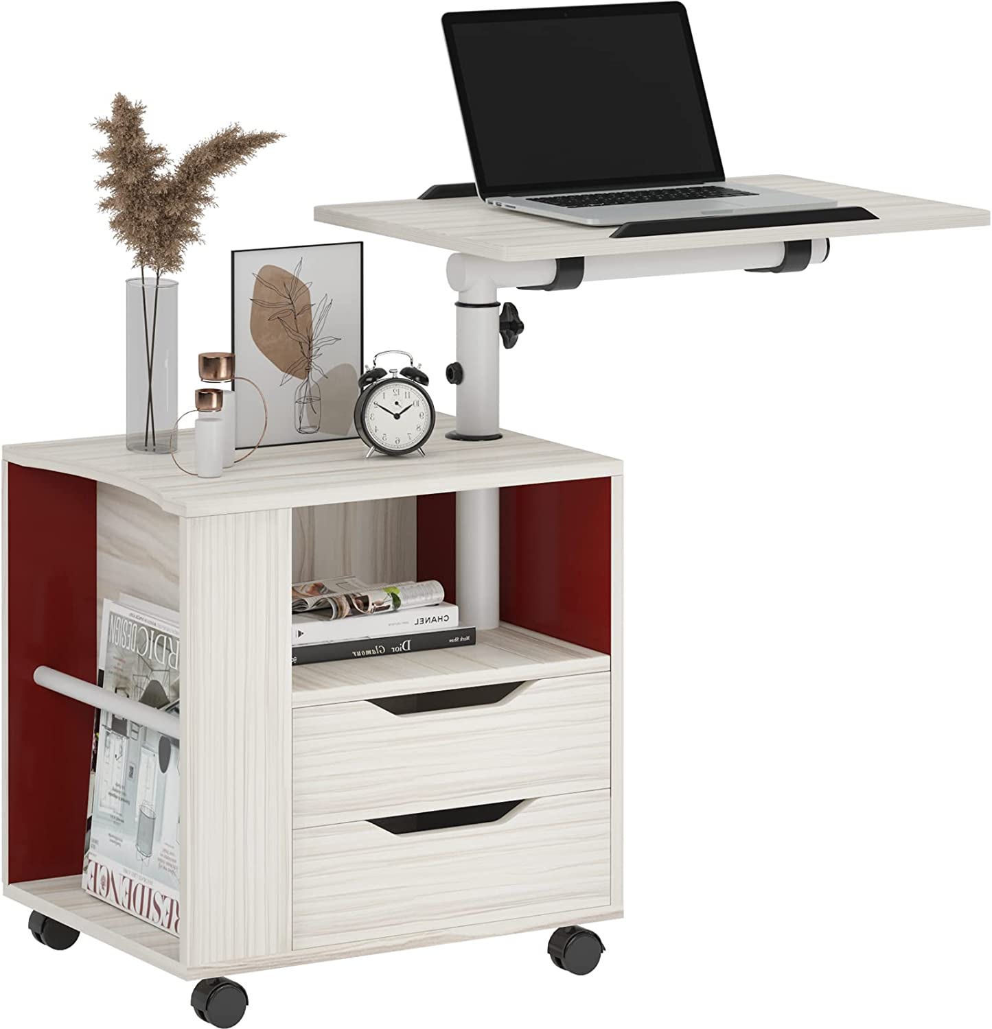 SOGES Height Adjustable Nightstand Movable Bedroom Side Table with 2