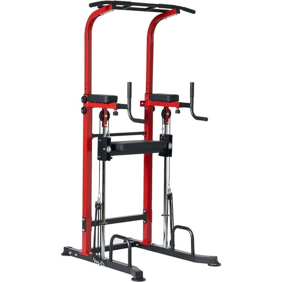 Soges Pull Up Bar 10 Adjustable Height Power Tower Dip Station for Enhanced Fitness, Multi-Functional Power Rack Workout Machine for Home Gym Strength Training Fitness Exercise Equipment,Red