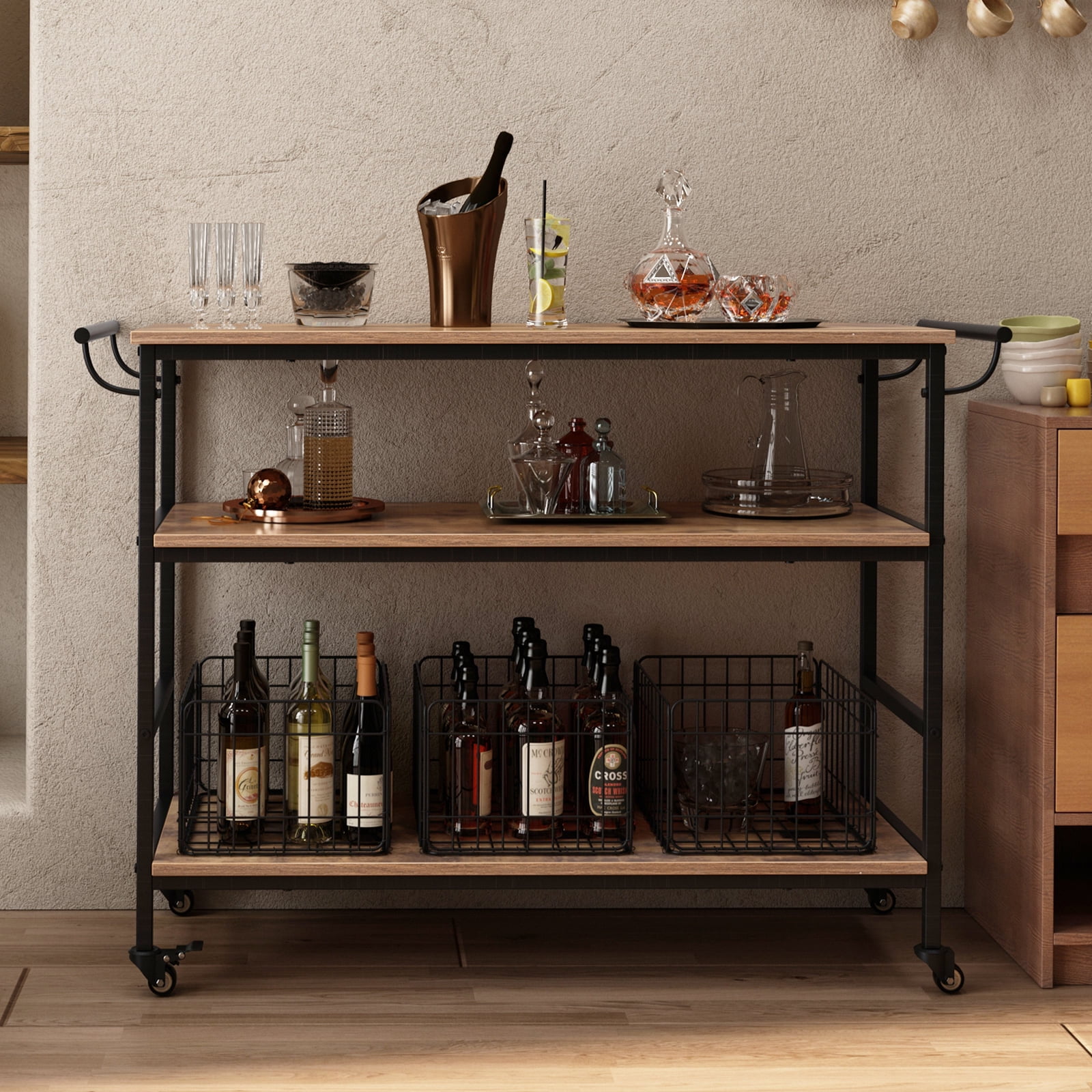 SOGES Rolling Kitchen Cart Vintage Kitchen Island Cart 3 Tier Baker's