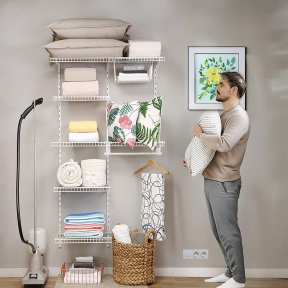 SOH DESIGN Adjustable White Wire Closet Shelf Kit, 3-5 FT Expandable Organizer System for Versatile Home Storage