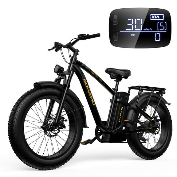 SOHAMO Electric Bike for Adults 26''x4'' Fat Tire, 750W Mountain E-bike 48V 15Ah Removable Li-Ion Battery, Shimano 7 Speed Gears, Beach/Snow/ Road Bike