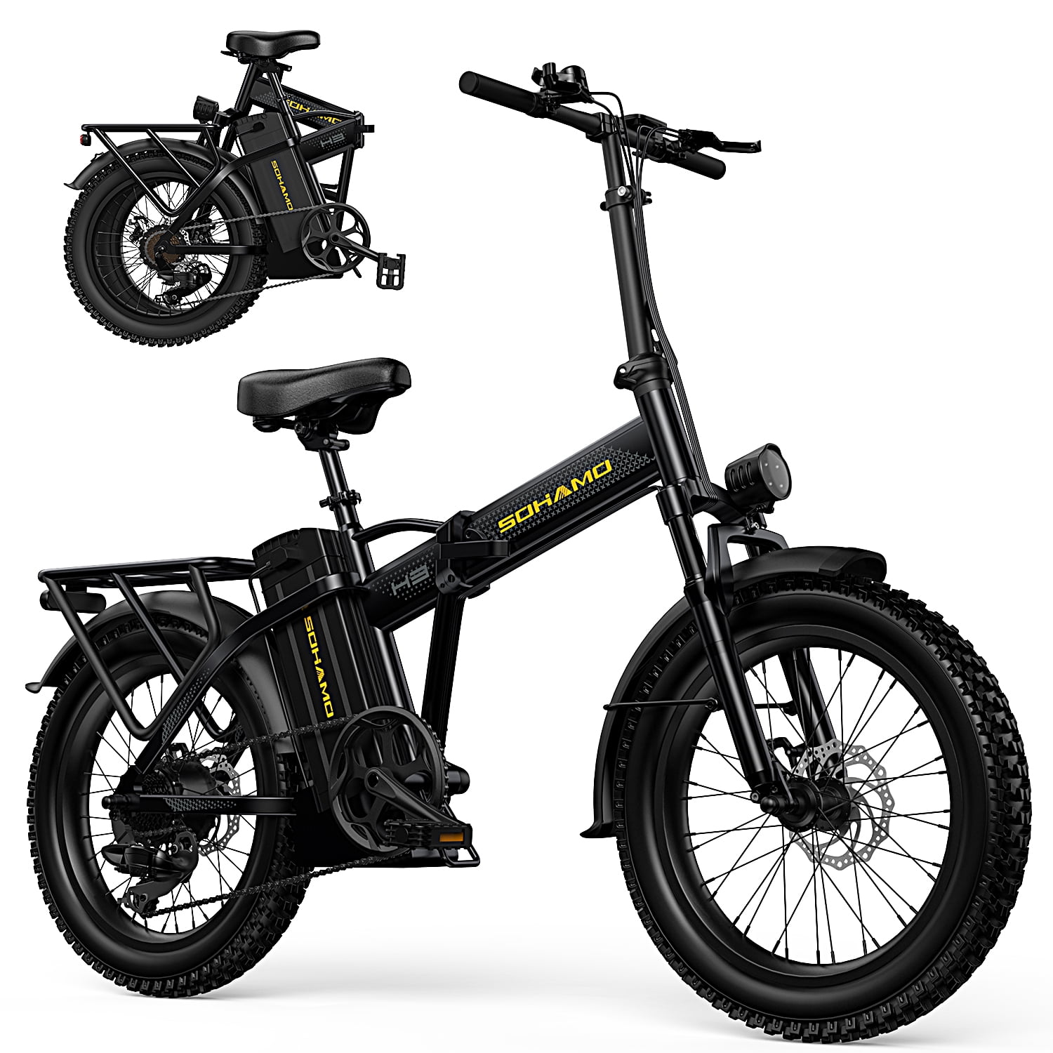 SOHAMO H3 750W 7 Speed Foldable Electric Mountain Bike with 20″ Fat Tire, 48V 15Ah Removable Battery, Front Suspension