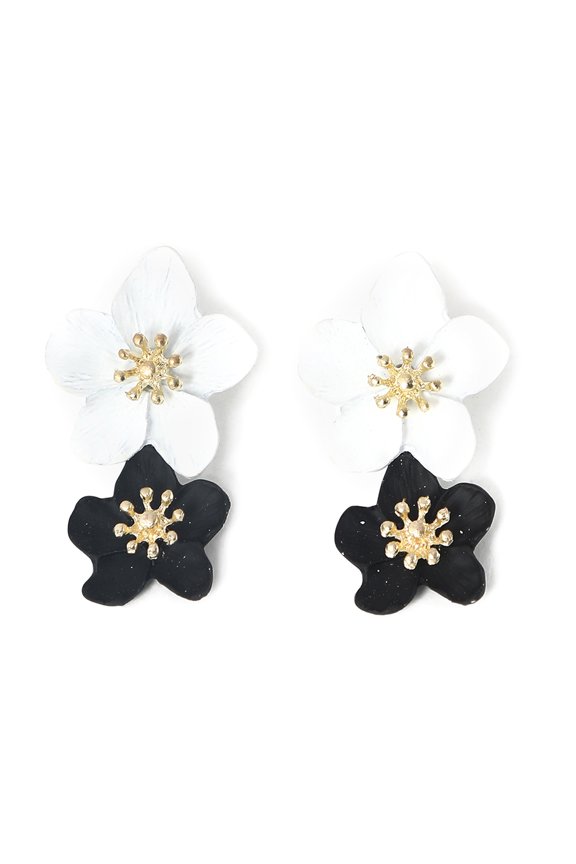Set Of 2 White Black Gold-Plated Floral Studs Earrings