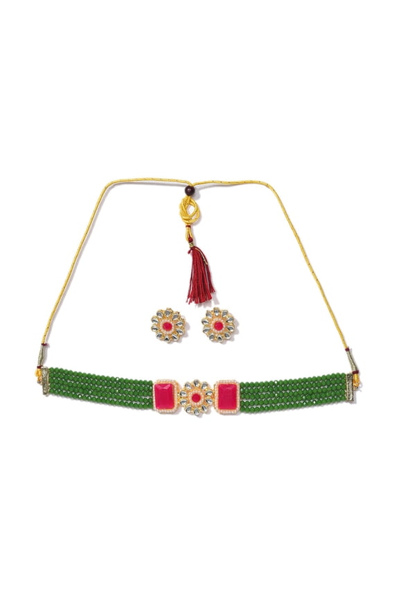 Women's Green Gold Plated Kundan Beaded Jewellery Set