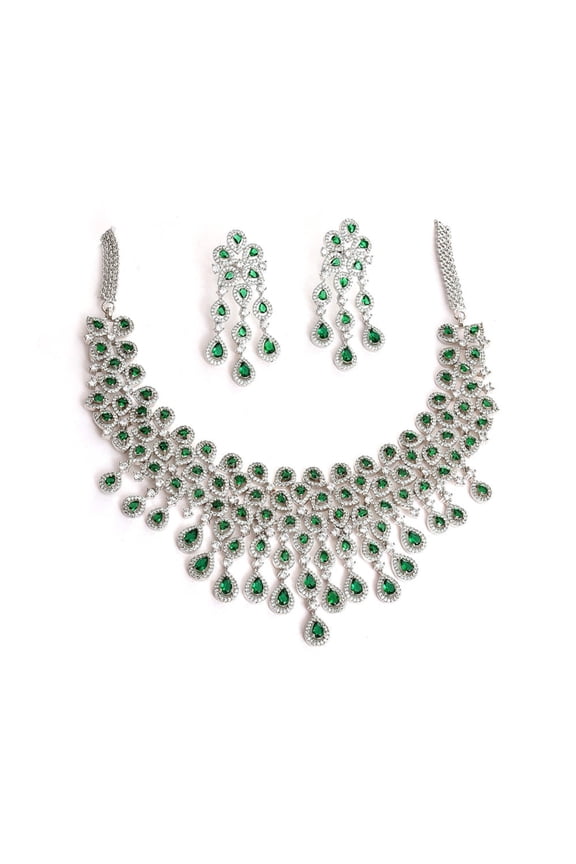 Women's Green Silver Plated Designer Stone Jewellery Set