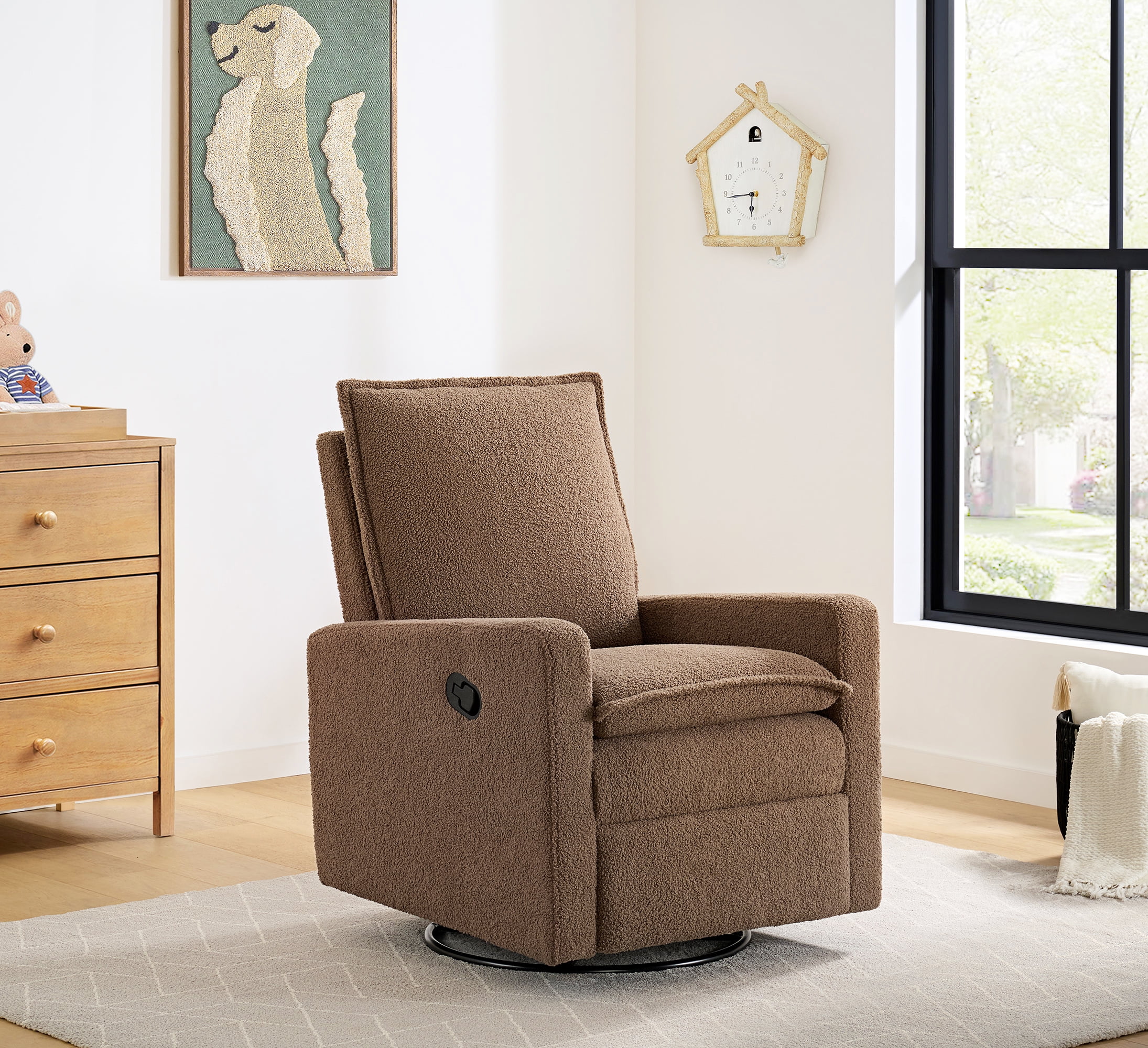 Soho Baby Coventry Upholstered Glider Recliner Rocking Chair 360° Swivel for Nursery and Living Room – Boucle Teddy Brown​