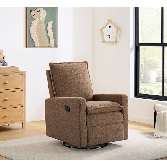 Soho Baby Coventry Manual Upholstered Glider Recliner Rocking Chair 360° Swivel for Nursery and Living Room – Boucle Teddy Brown​