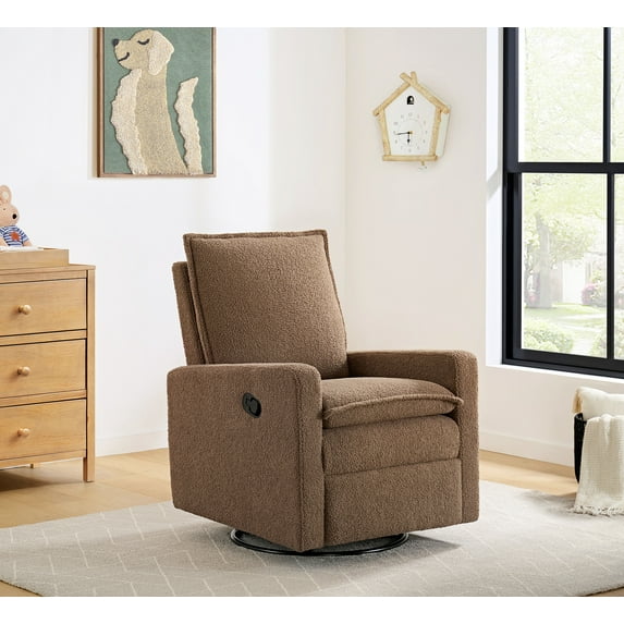Soho Baby Coventry Upholstered Glider Recliner Rocking Chair 360° Swivel for Nursery and Living Room – Boucle Teddy Brown