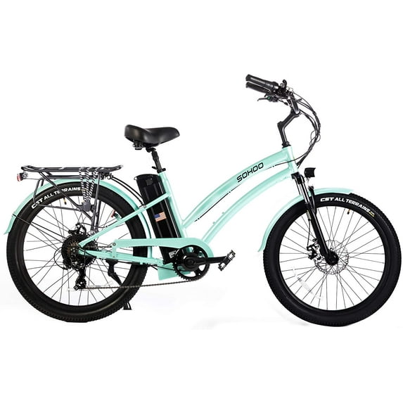 SOHOO 48V500W13Ah 26" Step-Thru Beach Cruiser Electric Bicycle City E-Bike Mountain Bike(Fit 5Ft 3in to 6Ft 8in) (Green)